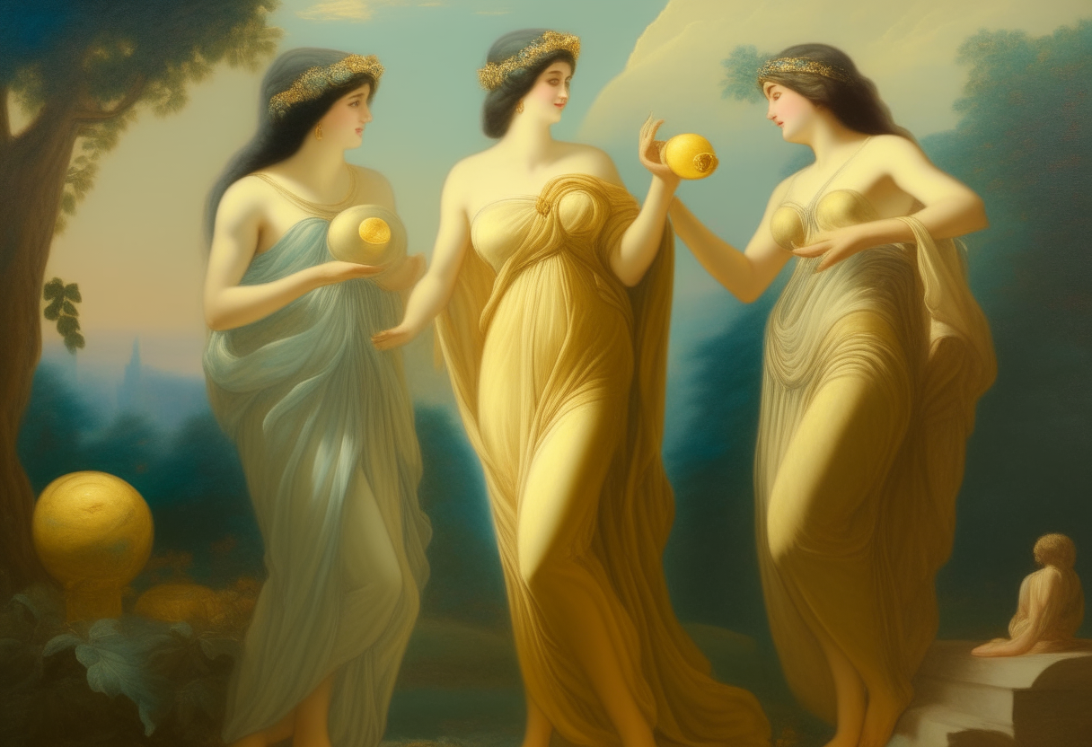 Athena, Hera and Venus chat amidst lush greenery in a heavenly garden, their flowing chitons and himations visible in soft sunlight. Nearby, the young man Paris stands holding a large golden apple for judgement, all figures detailed in a dramatic cinematic style.