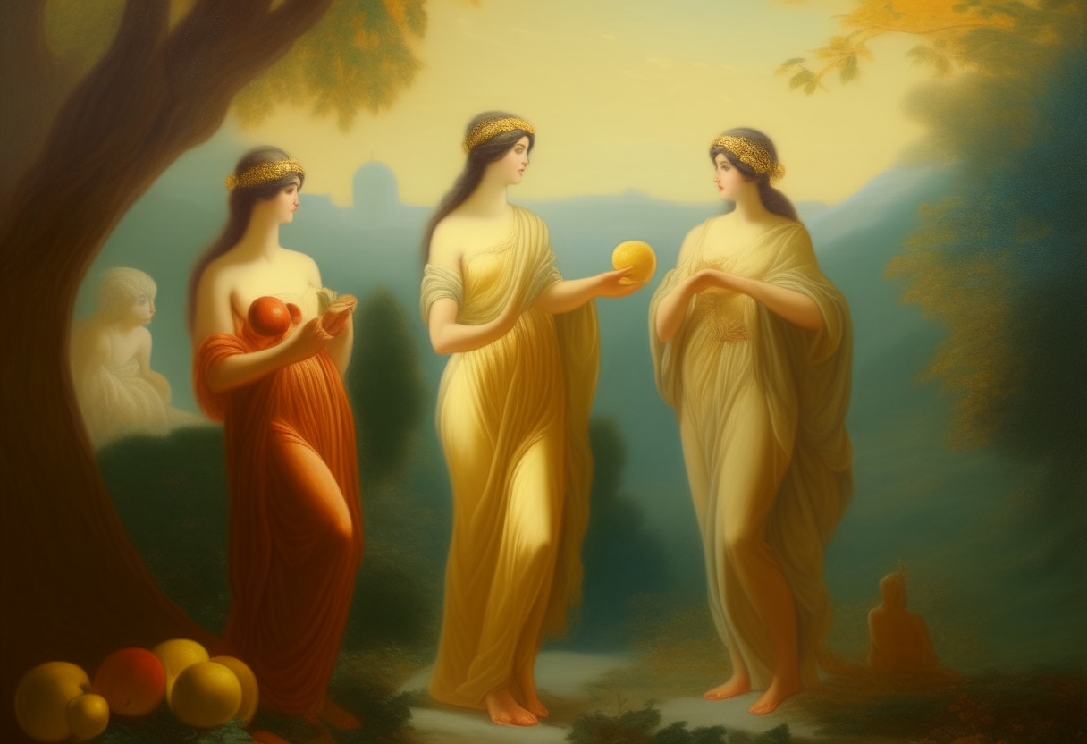 Athena, Hera and Venus chat amidst lush greenery in a heavenly garden, their flowing chitons visible in soft sunlight. Nearby, the young man Paris stands in a red tunic holding a large golden apple for judgement, all figures detailed in a dramatic cinematic style.