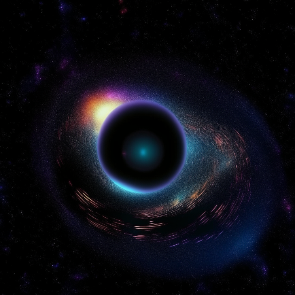 A black hole spins in the middle of a galaxy with stars and other celestial ohects, neon greemajc