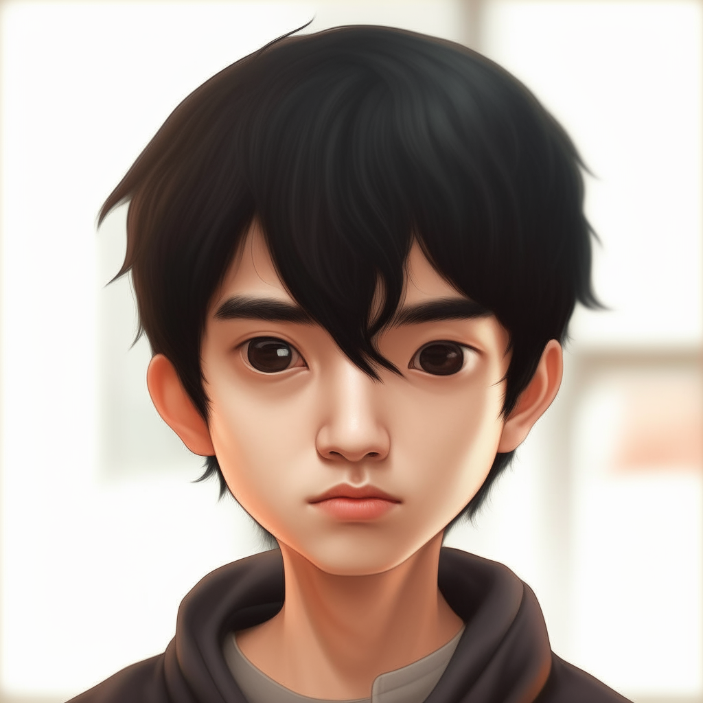A realistic portrait of Hiro, an 18-year old Japanese computer genius. He has short black hair, brown eyes and fair skin. The details of his face are sharp and in focus.