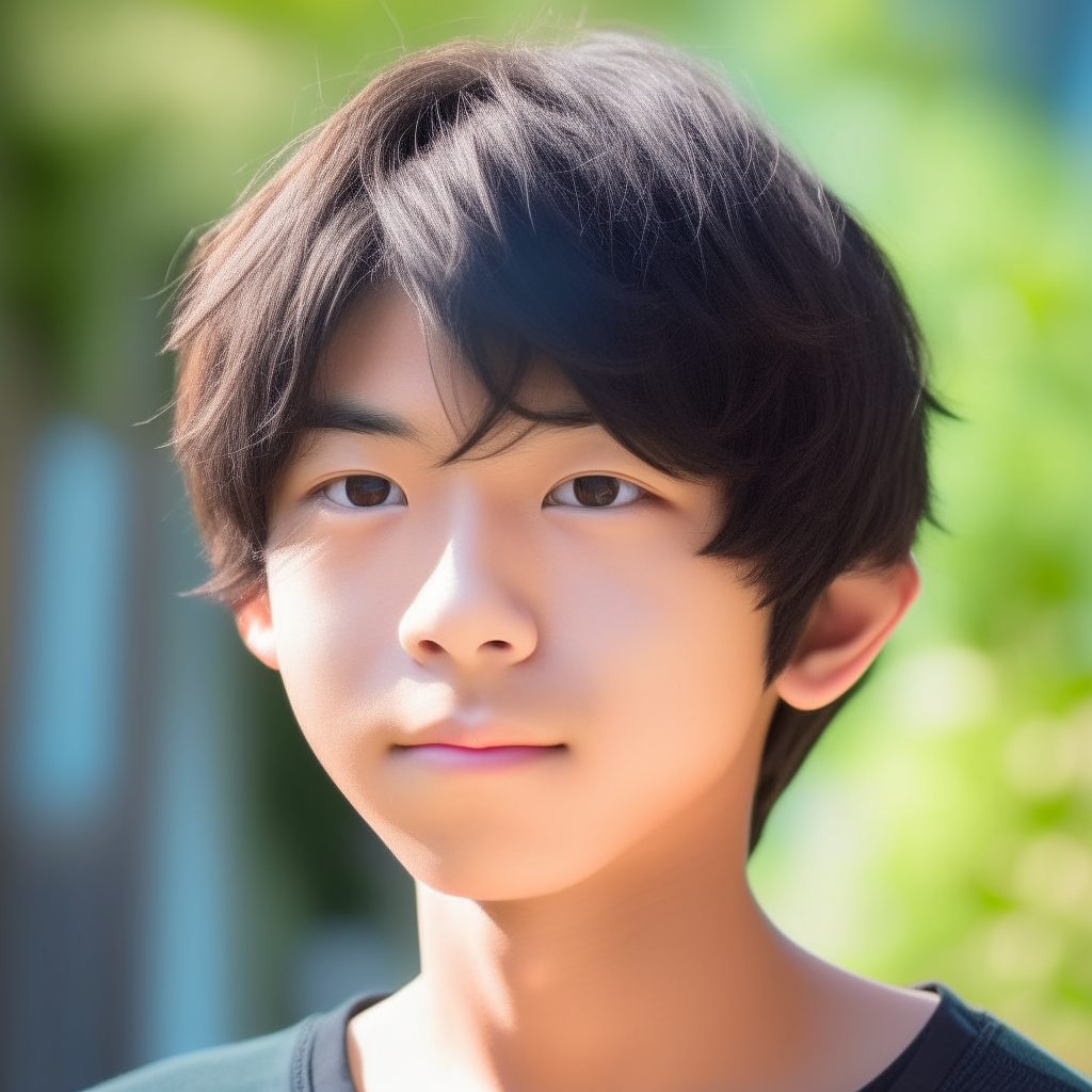 A realistic headshot of Hiro, an 18-year-old Japanese teenager. He has short black hair, brown eyes and fair skin. Hiro is photographed outside on a sunny day with natural light bringing out the details of his face.