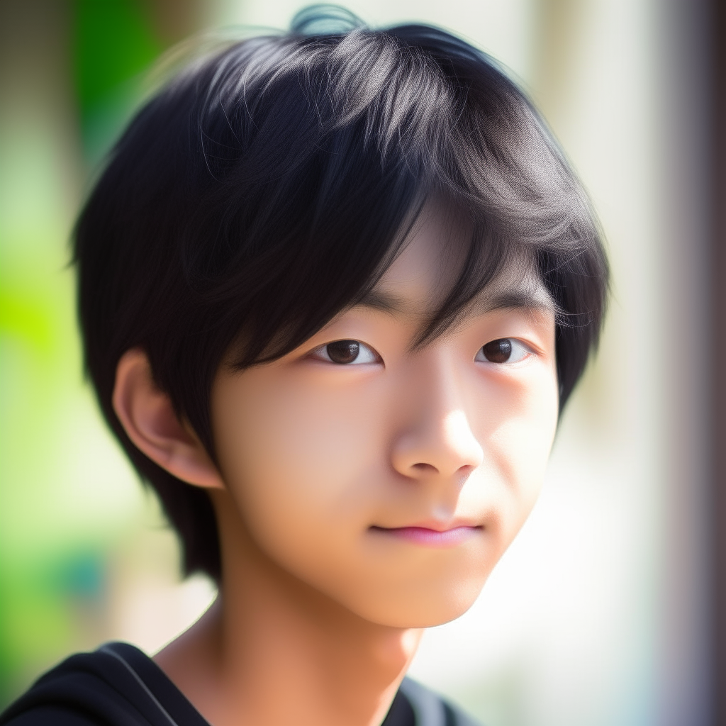 A close-up portrait of an attractive Japanese teenager named Hiro. He has flawless fair skin, delicate features and stylish short black hair.