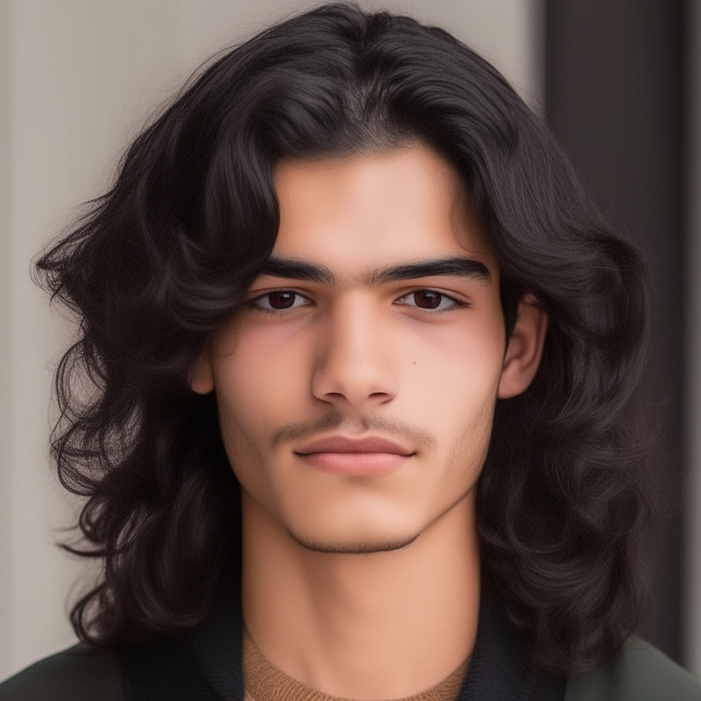 a 20-year-old Spanish man named Nico with long black wavy hair, brown eyes and facial features resembling the men in images 1, 2 and 3