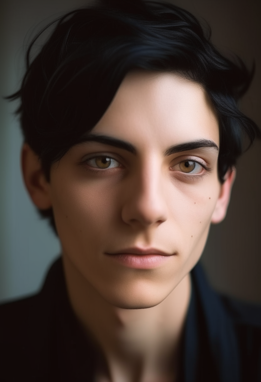 an androgynous French man with black hair and light eyes, attractive portrait