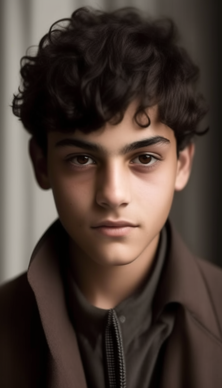 portrait of Serhio's tween brother, with dark brown curly hair and dark brown eyes