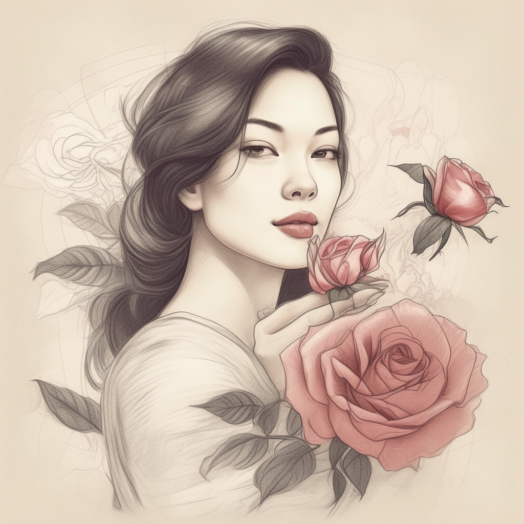 A beautiful image of a beautiful Thai woman holding rose been sketched and a love pome in the background.