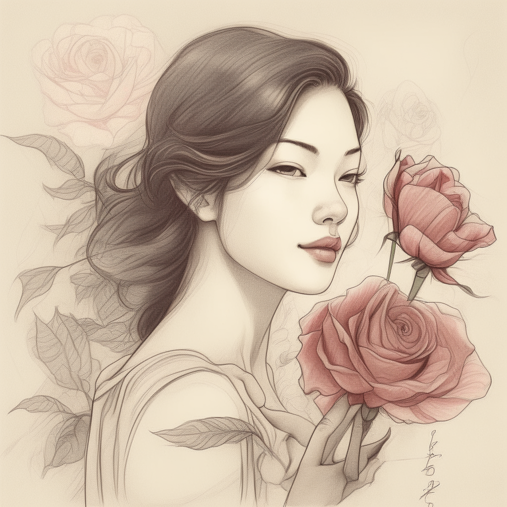 A beautiful image of a beautiful Thai woman holding rose been sketched and a love pome in the background.