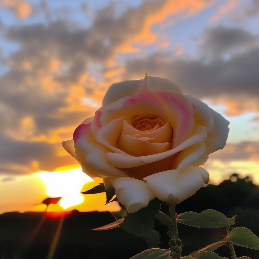 A beautiful image of a beautiful rose opening with the sun rising ang setting, with clouds passing by in the sky in the background.