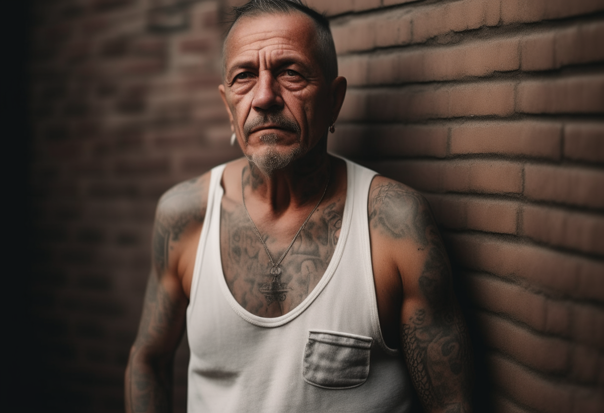 A tough-looking man with tattoos on his arms stands in front of a brick wall. He wears a white tank top and has just been released from prison after many years. The expression on his weathered face is stern but hints at an inner struggle.