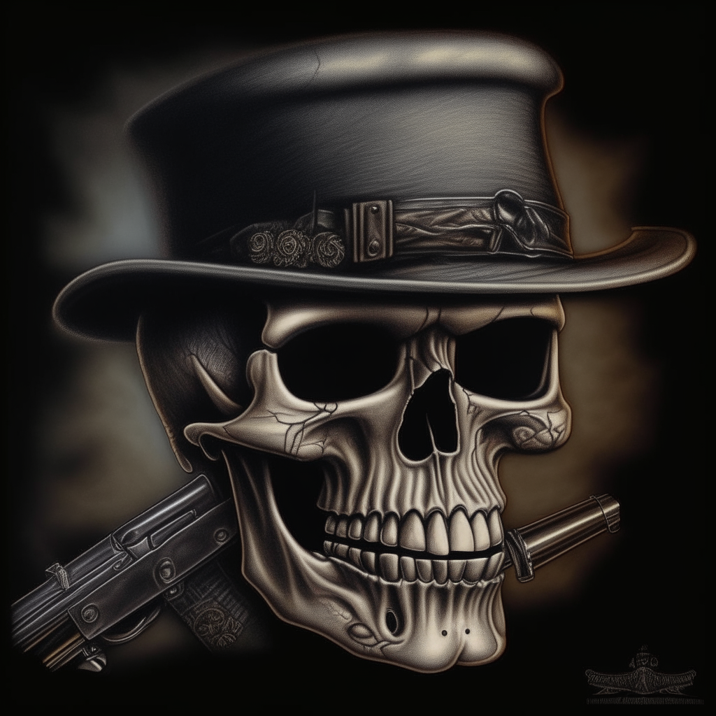 a realistic tattoo design of a skull wearing a mafia-style hat and holding a machine gun, photorealistic quality, close up portrait