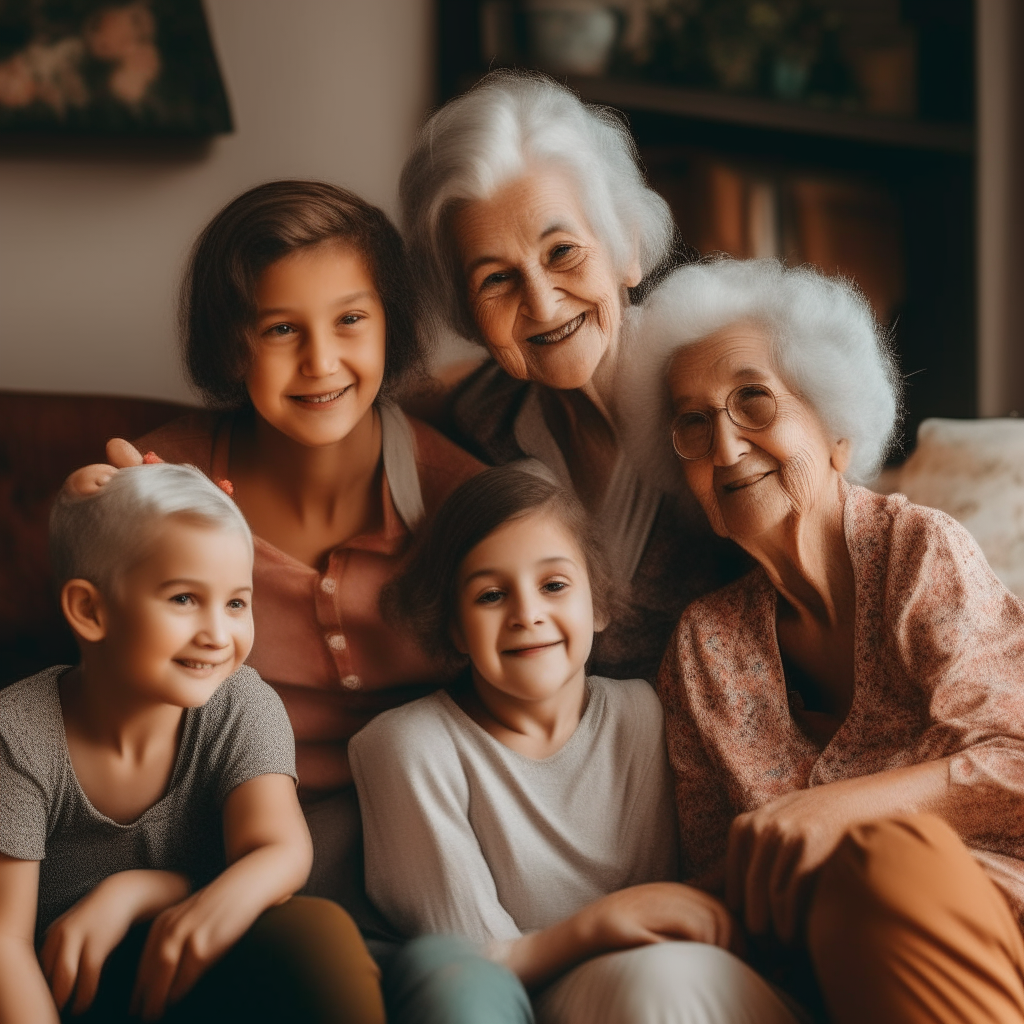 A grandmother sits surrounded by her family, bringing them joy despite any physical discomfort