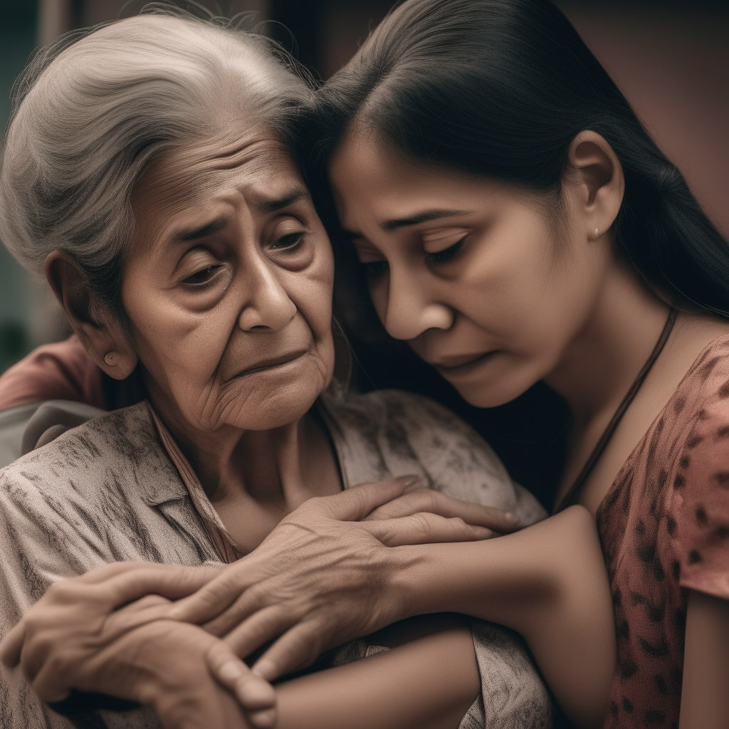 An abuelita finds comfort as her caring daughter gently supports her back, while surrounded by loved ones offering their help and friendship