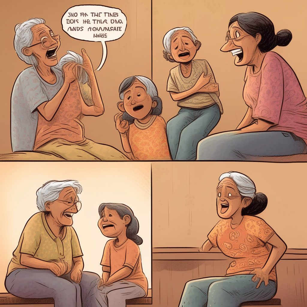 A comic scene of an abuelita sitting with her family, exaggerating her back pain, but then smiling as her grandchildren come to cheer her up