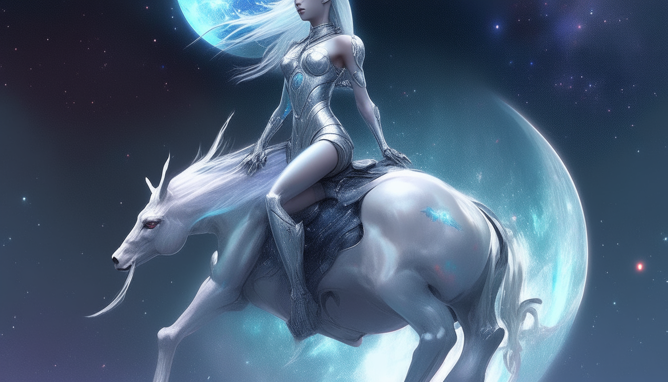 A beautiful Arcturian alien Goddess with pale blue skin and long flowing white hair, riding on top of a giant silver chrome robotic sphinx with glowing eyes, traveling through outer space with galaxies and nebulas in the background, highly detailed digital painting, 4k resolution, dark sci-fi fantasy style