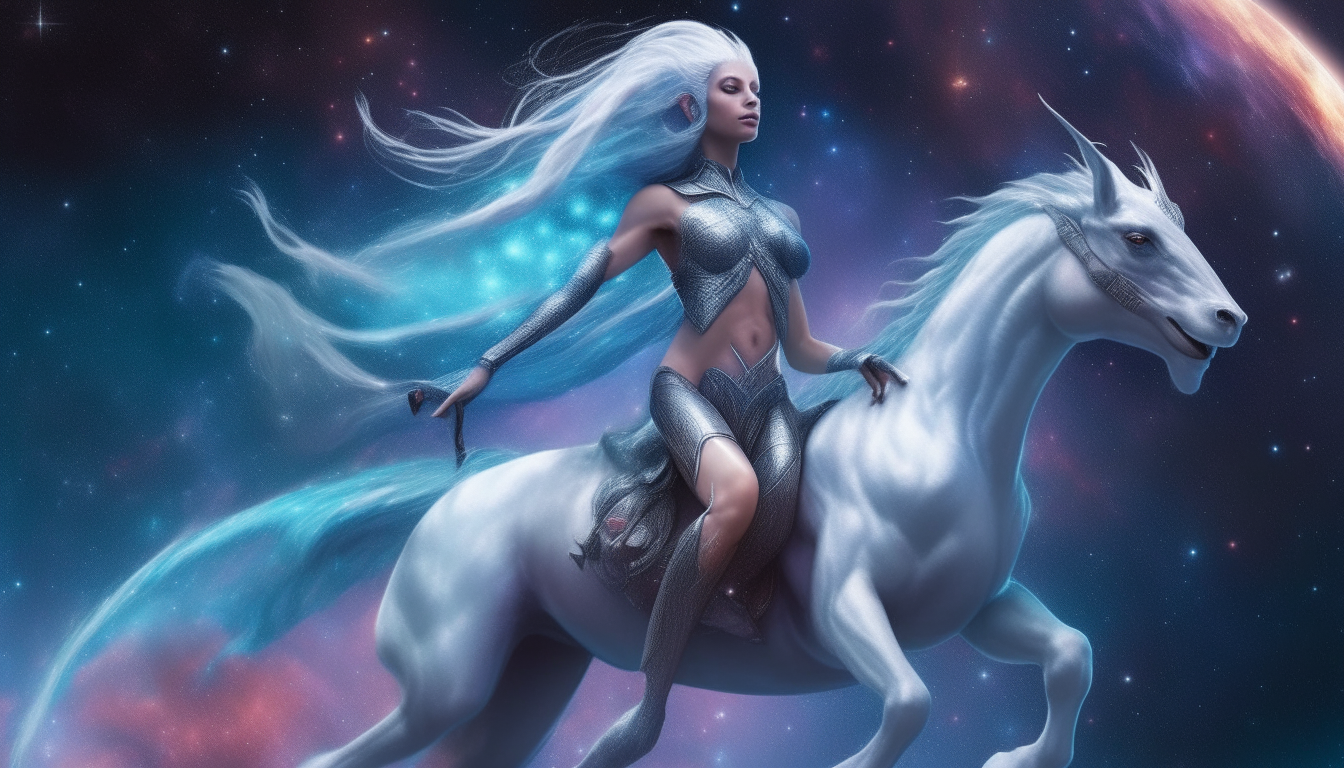 A beautiful blue skinned alien goddess with long white hair, riding a silver chrome sphinx through a colorful nebula and galaxies in outer space, highly detailed digital painting, 4k resolution, dark sci-fi fantasy style
