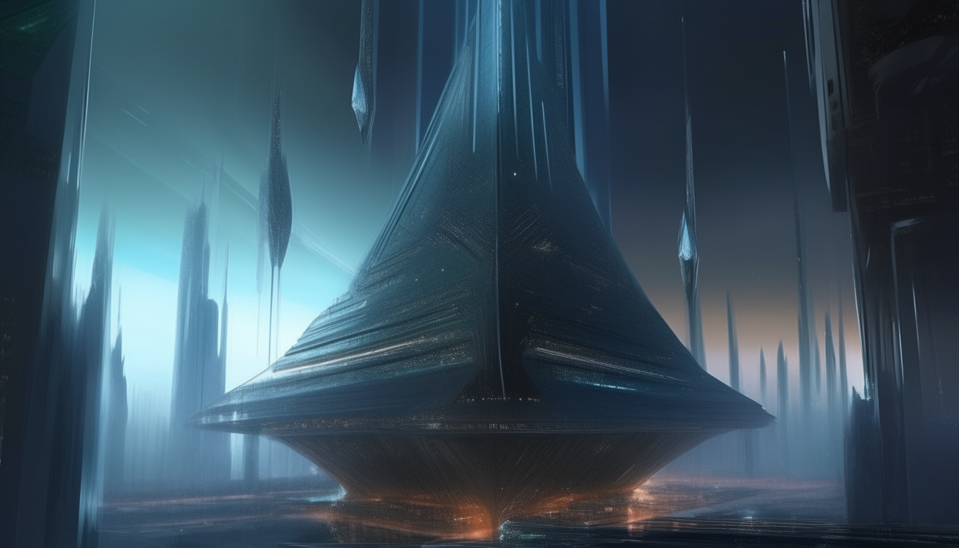 An expansive futuristic city with tall chrome buildings and flying vehicles inside a massive glass pyramid, highly detailed digital painting, 4k resolution, dark sci-fi fantasy style