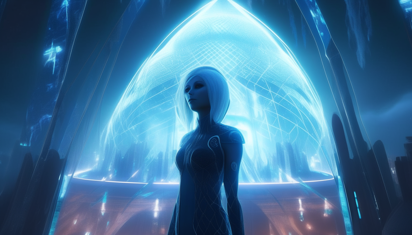 A beautiful blue alien goddess with glowing white hair stands inside a futuristic glass pyramid city, with spheres of light illuminating the alien architecture and electric pulses causing mind altering visions, highly detailed digital painting, 4k resolution, dark sci-fi fantasy style
