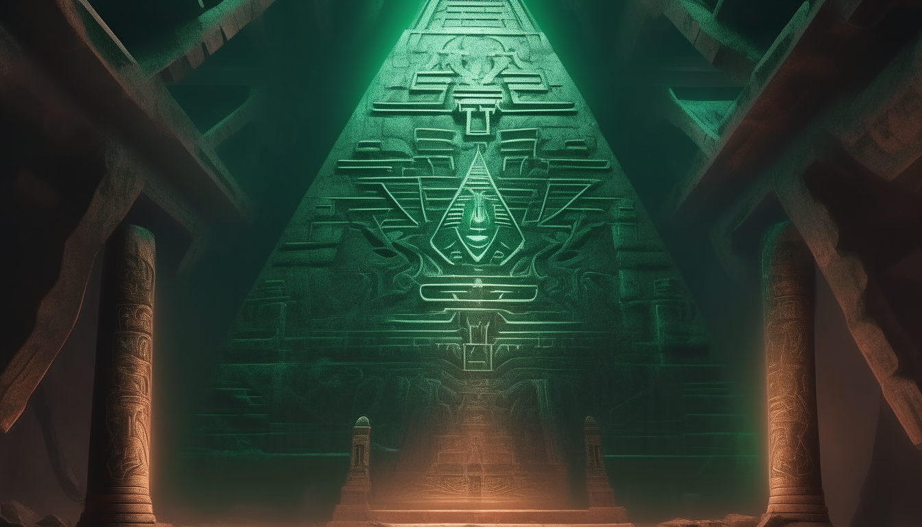An ancient alien pyramid with glowing green hieroglyphs carved into the walls, with a huge swirling portal opening in the center, emitting alien goddess heads, highly detailed digital painting, 4k resolution, dark sci-fi fantasy style