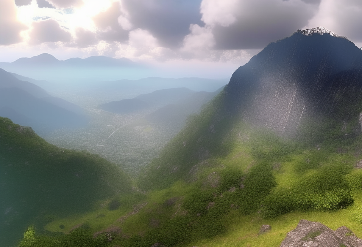 A more detailed view of the mountain landscape, with lusher vegetation, fluffy clouds and beautiful light effects