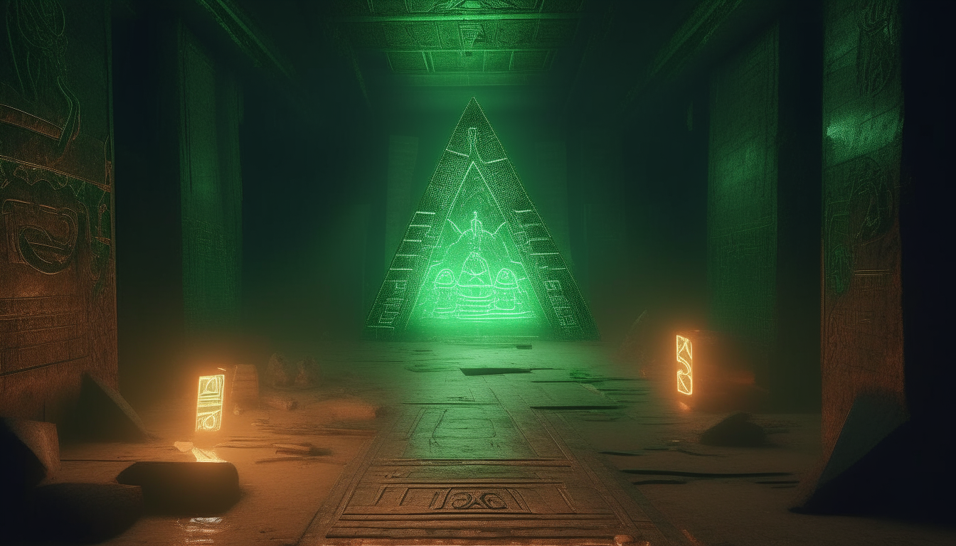 The interior of an ancient alien pyramid with glowing green hieroglyphs carved into the walls, small alien creatures moving across the floor, with liquids dripping down from above, highly detailed digital painting, 4k resolution, dark sci-fi fantasy style