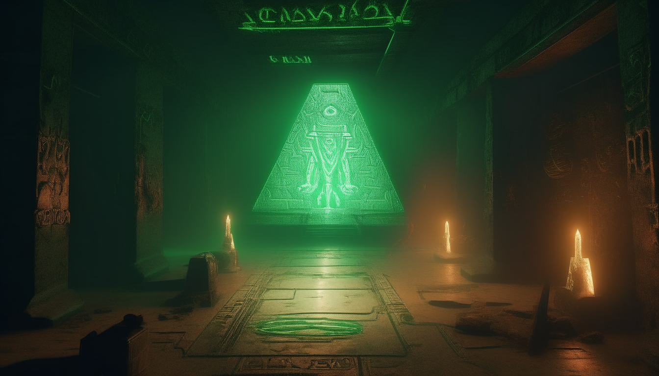 The interior of an ancient alien pyramid with glowing green hieroglyphs carved into the walls, small luminous alien creatures scuttling across the floor, with liquids dripping down from above, highly detailed digital painting, 4k resolution, dark sci-fi fantasy style
