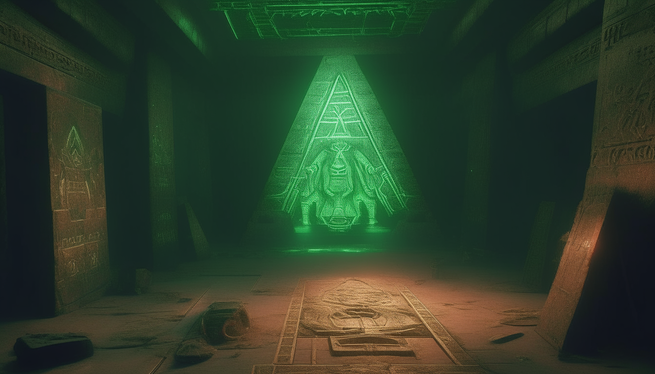 The interior of an ancient alien pyramid with intricate glowing green hieroglyphs carved into the walls, small luminous alien creatures scuttling across the floor, with liquids dripping down from above, highly detailed digital painting, 4k resolution, dark sci-fi fantasy style