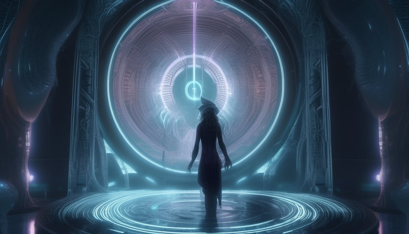 the alien Goddess coming out from the center of the electric swirling time travel portal, with glowing luminous alien code swirling around the gloomy atmosphere, liquid esctasy of silver chrome pools around the floor of the ancient alien temple as pulsating orbs of colour rise from the depth of eternity, super intricate details, 4K quality, dark sci-fi fantasy style