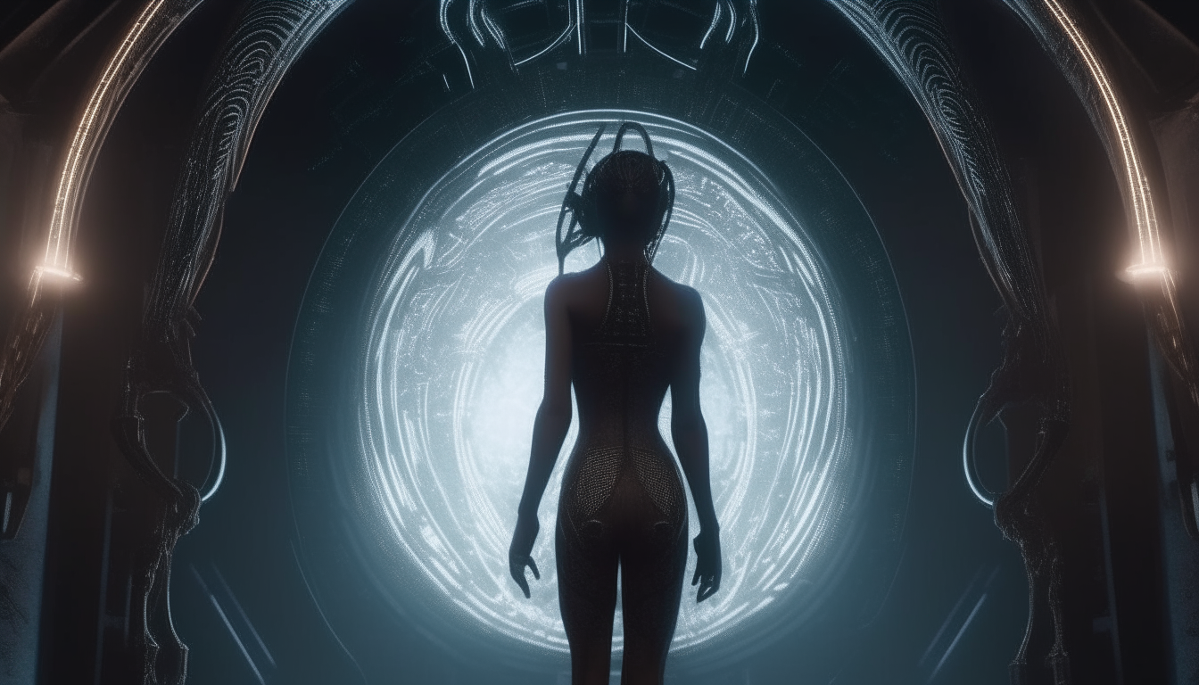 the alien Goddess with moistness on her skin stepping out from the electric swirling portal, into the ancient alien chamber, super intricate details, 4K quality, dark sci-fi fantasy style