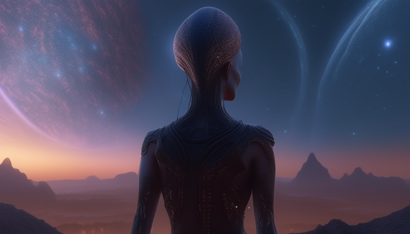 the alien Goddess looking across the beautiful surreal alien landscape stretching out into the distance, with small glowing orbs flying through the cosmic sky above, super high intricate details, 4K quality, dark sci-fi fantasy style