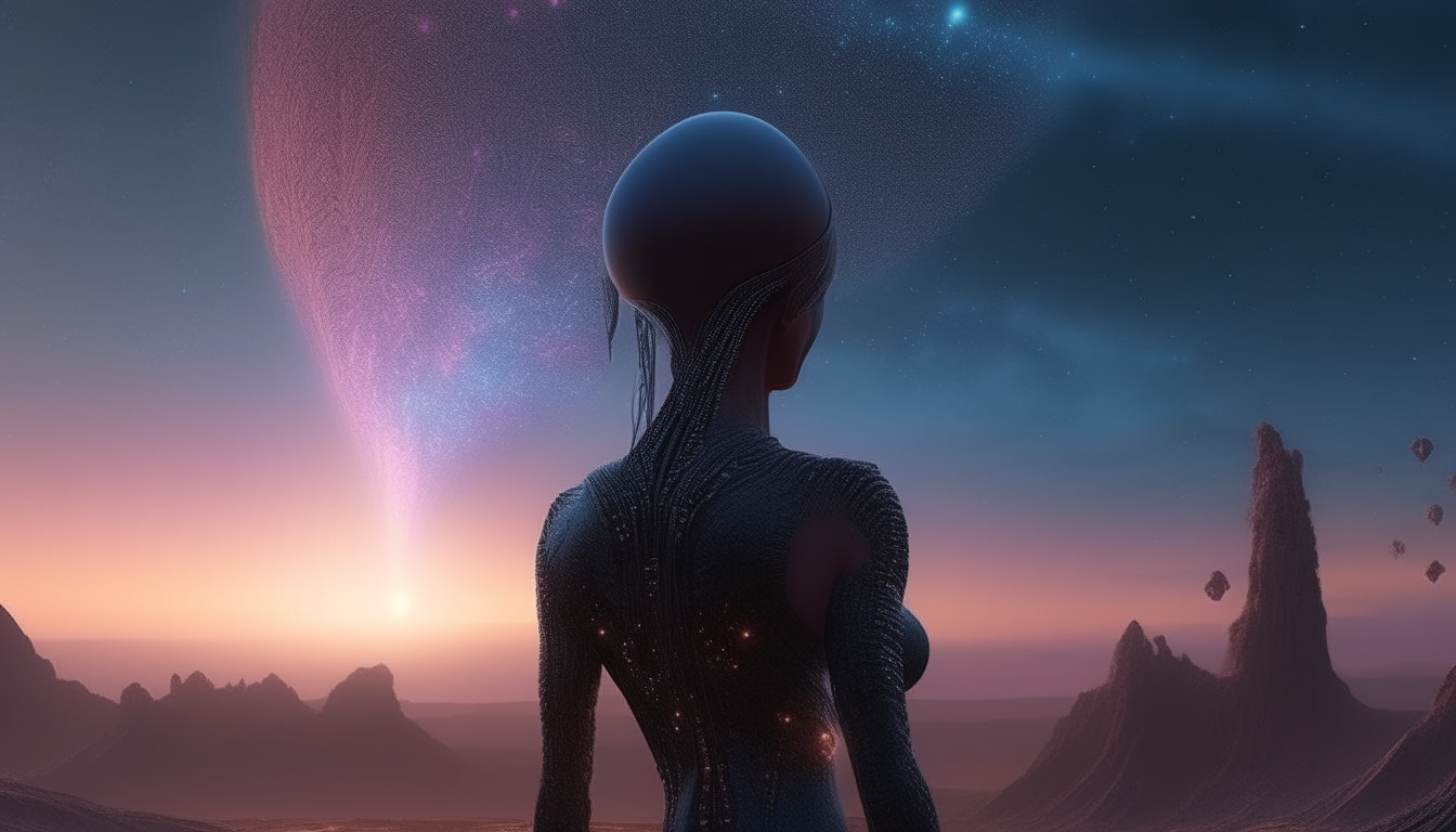 the alien Goddess looking across the beautiful surreal alien landscape stretching out into the distance, with small glowing orbs flying through the cosmic sky above, super high intricate details, 4K quality, dark sci-fi fantasy style
