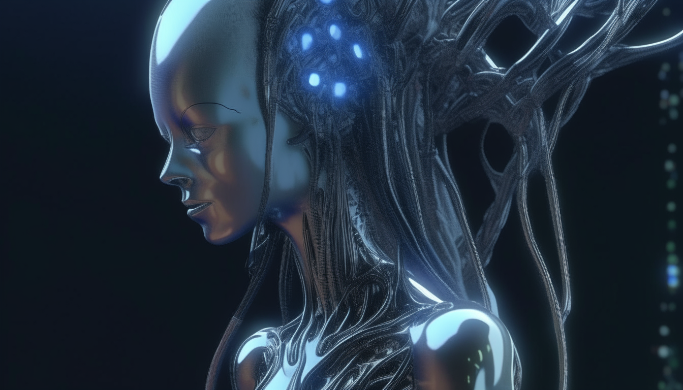 a silver chrome alien Goddess with melting robotic tentacles and holographic electric light alien codes projecting from visions in her mind, highest level of super intricate details, 4K quality, dark sci-fi fantasy style