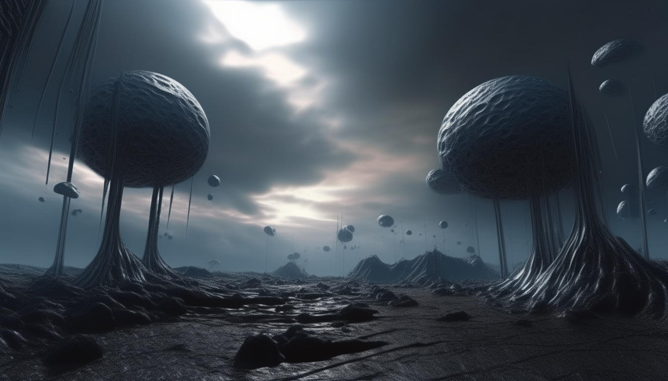 the alien landscape stretching into the distance with the ground made up from silver chrome atoms, some lifting and floating upwards towards the cosmic sky above, super high level intricate details, 4K quality, dark sci-fi fantasy style