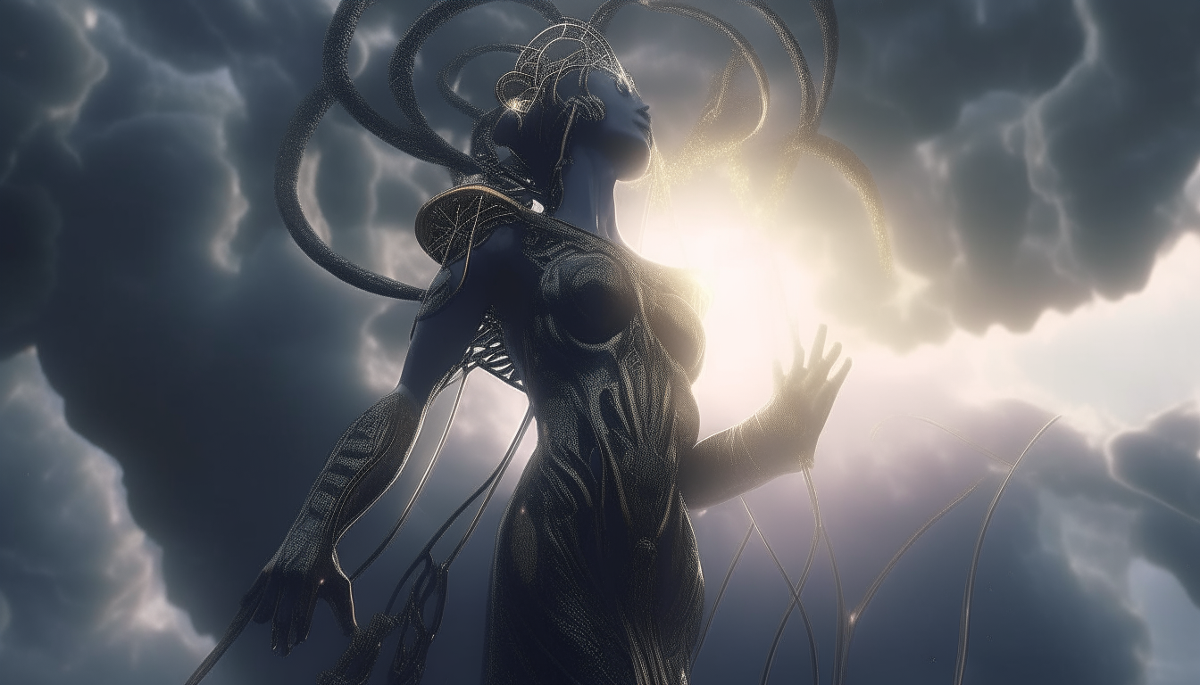 the alien Goddess with robotic tentacles reaching down from the heavenly clouds, bathed in heavenly light from above, with electric surges rippling across the skies, super high level intricate details, 4K quality, dark sci-fi fantasy style