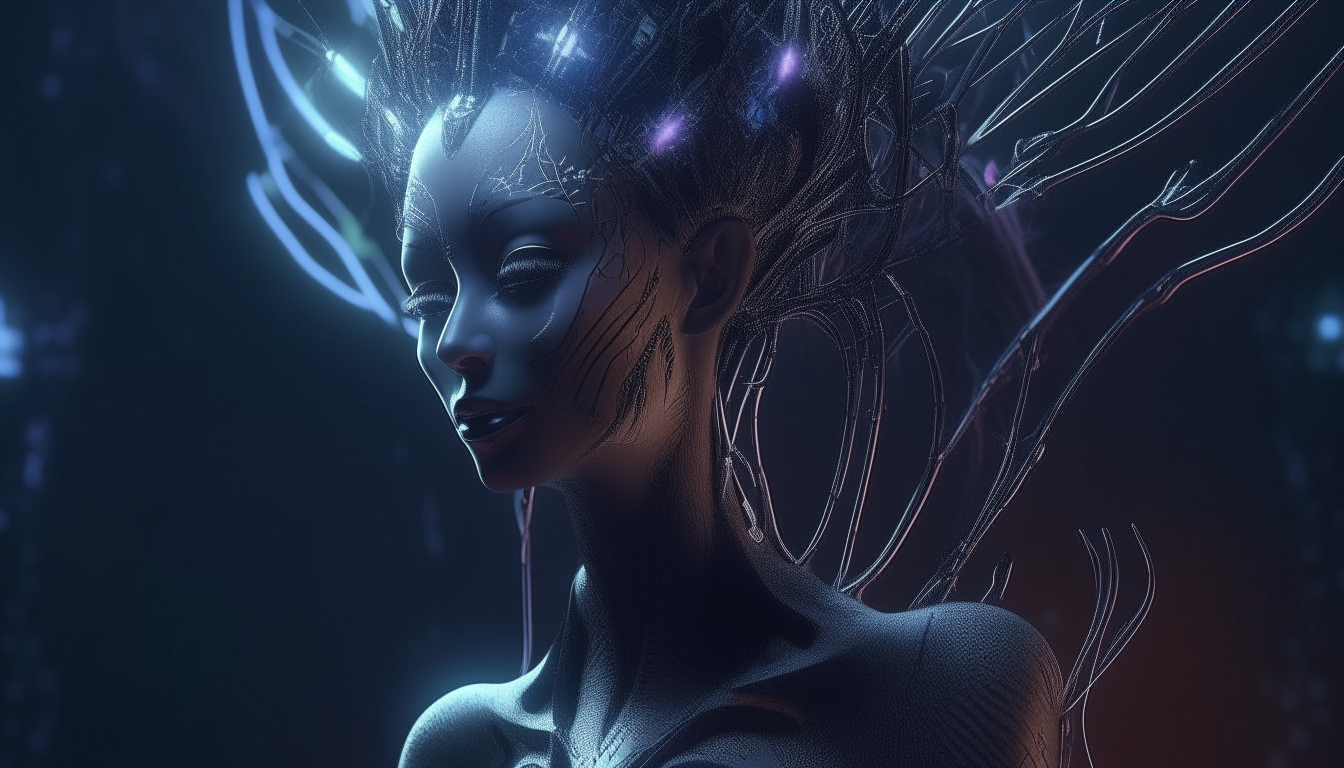 the alien Goddess morphing with a futuristic cyborg with spikes and tendrils growing from her head, laser pulses illuminate the darkness surrounding her, super highest level intricate details, 4K quality, dark sci-fi fantasy style