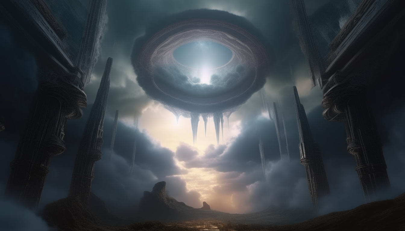 the alien landscape stretching into the distance with the heavenly clouds above opening with a giant portal of light and alien goddesses descending down to the surface below, super highest level of intricate details, 4K quality, dark sci-fi fantasy style