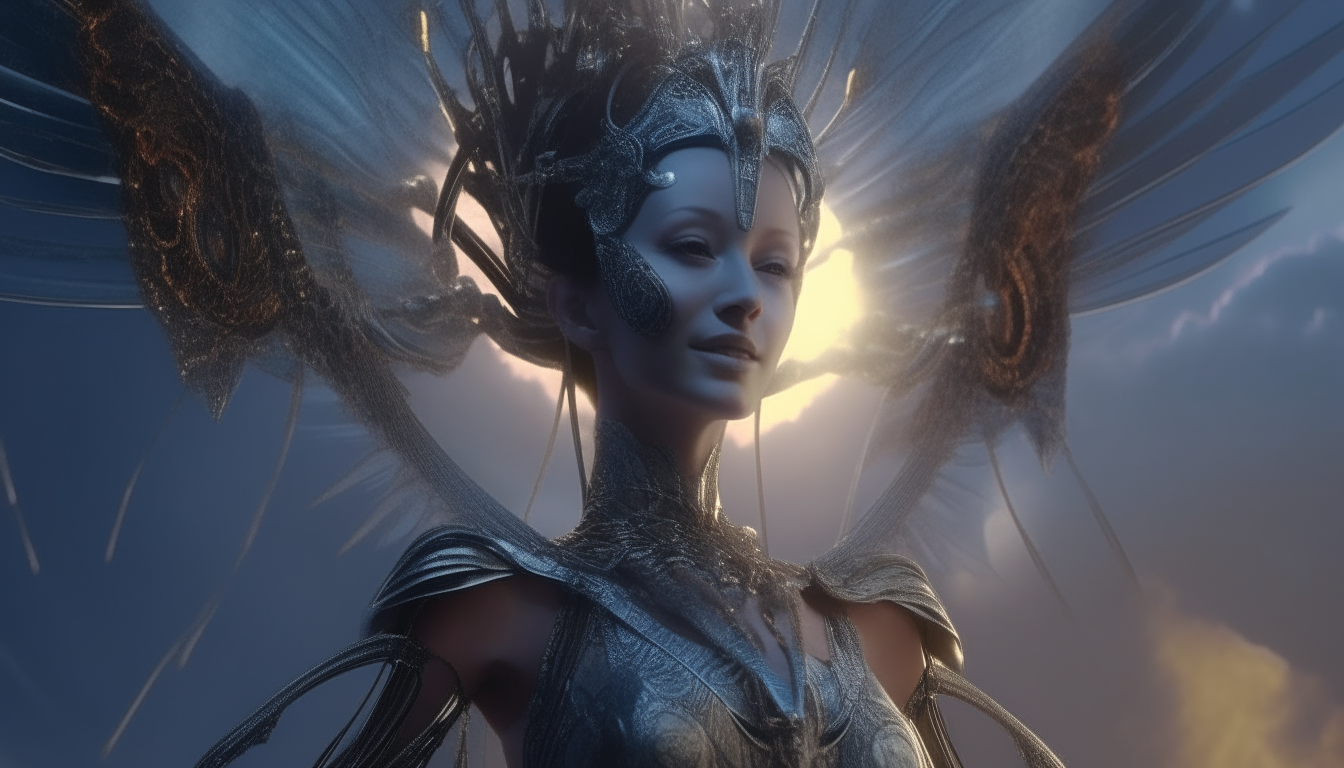 the alien Goddess morphing with a cyborg with angel wings and spikes growing from the wings, on her head a crown of robotic tentacles, she smiles in ecstasy as the heavenly light shines down upon her from above, as the clouds move across the cosmic sky, super highest level of intricate details, 4K quality, dark sci-fi fantasy style