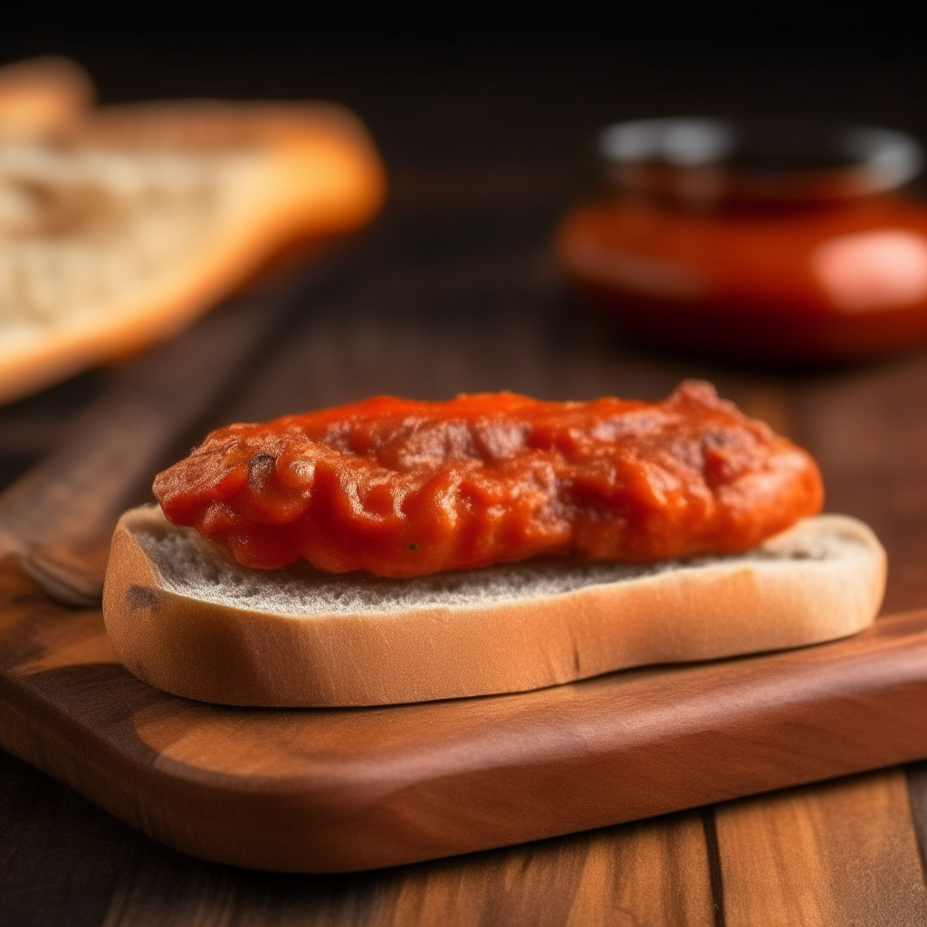 a slice of bread with tomato spread and a piece of catalan sausage on top, on a wooden table, detailed photo