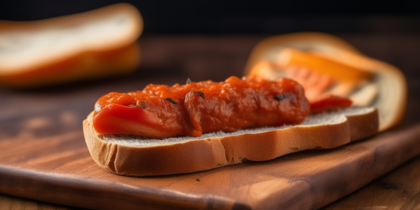 a slice of bread with tomato spread and a piece of catalan sausage on top, on a wooden table, detailed photo