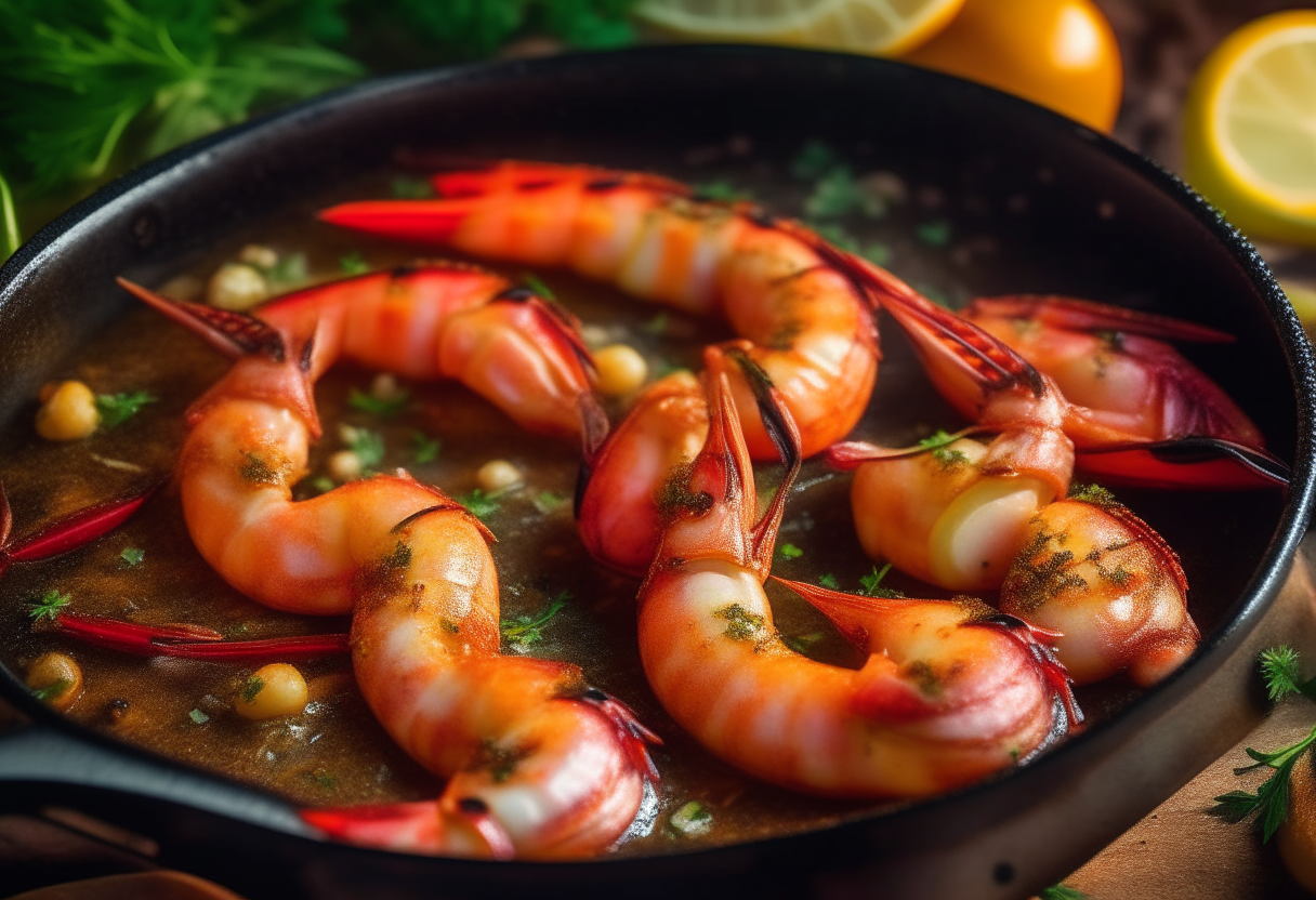 A close up view of juicy pink shrimp sizzling in a cast iron pan with garlic, chili peppers, olive oil and parsley. The ingredients are rustic and fresh, capturing the bright, aromatic flavors of the Mediterranean diet. The background shows a view of the Barcelona coastline at sunset.