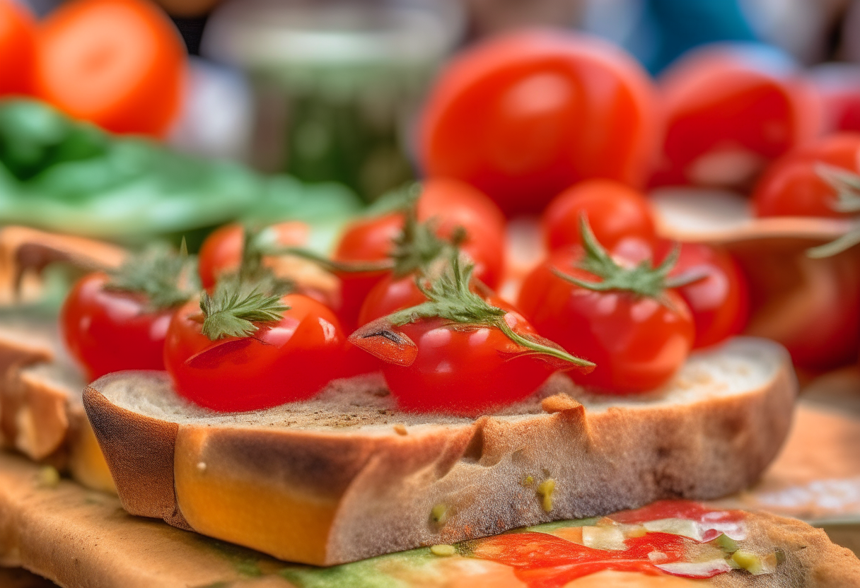 A close up photo of a slice of rustic bread topped with ripe red tomatoes, shiny anchovy fillets and drizzled with green olive oil. The vivid ingredients stand out against the backdrop of a lively Barcelona food market.