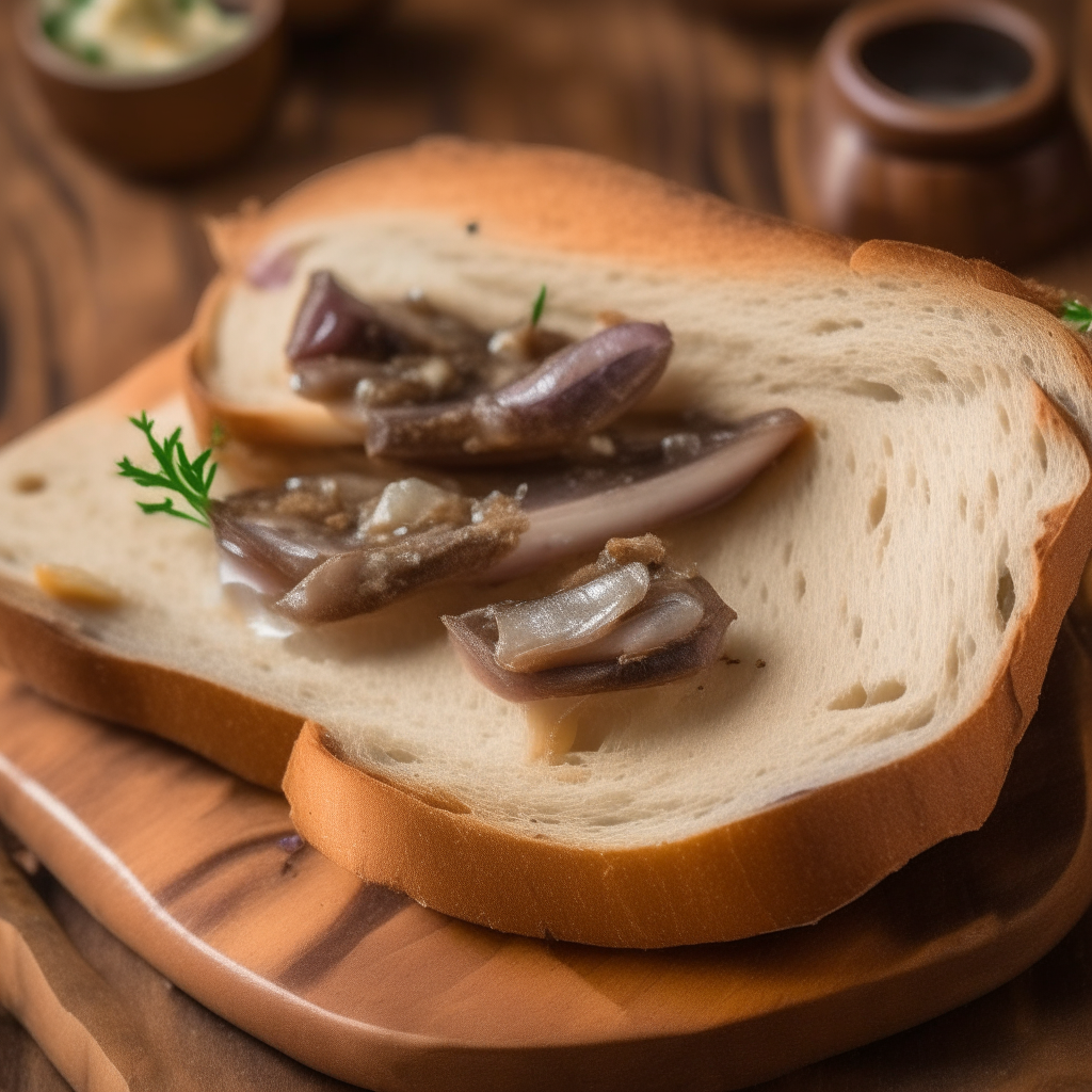 A slice of rustic bread with anchovy fillets arranged on top. The anchovies glisten silver against the tan crusty bread.