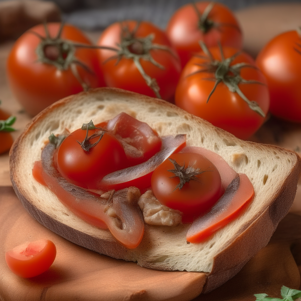 A slice of rustic bread with anchovy fillets arranged on top next to a ripe red tomato.