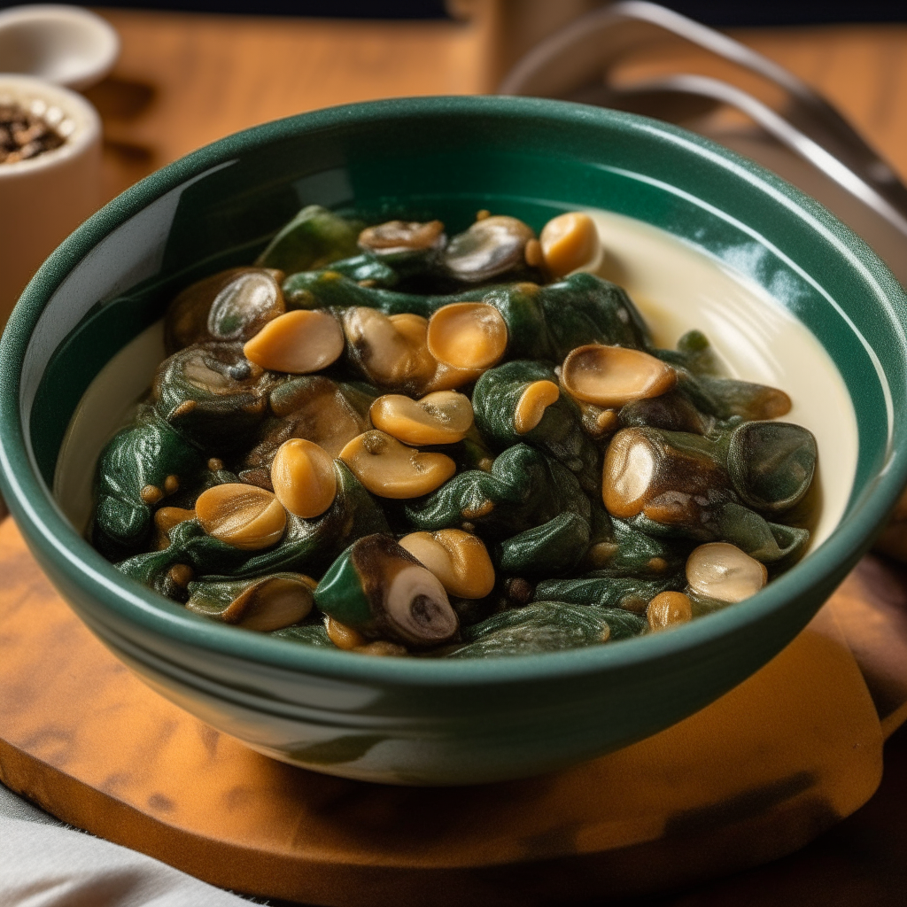 A close up photo looking down at a ceramic bowl filled with sauteed spinach, golden garlic, plump brown raisins and beige pine nuts, drizzled with green olive oil. The ingredients stand out against the backdrop of an authentic Catalan kitchen with patterned tiles.