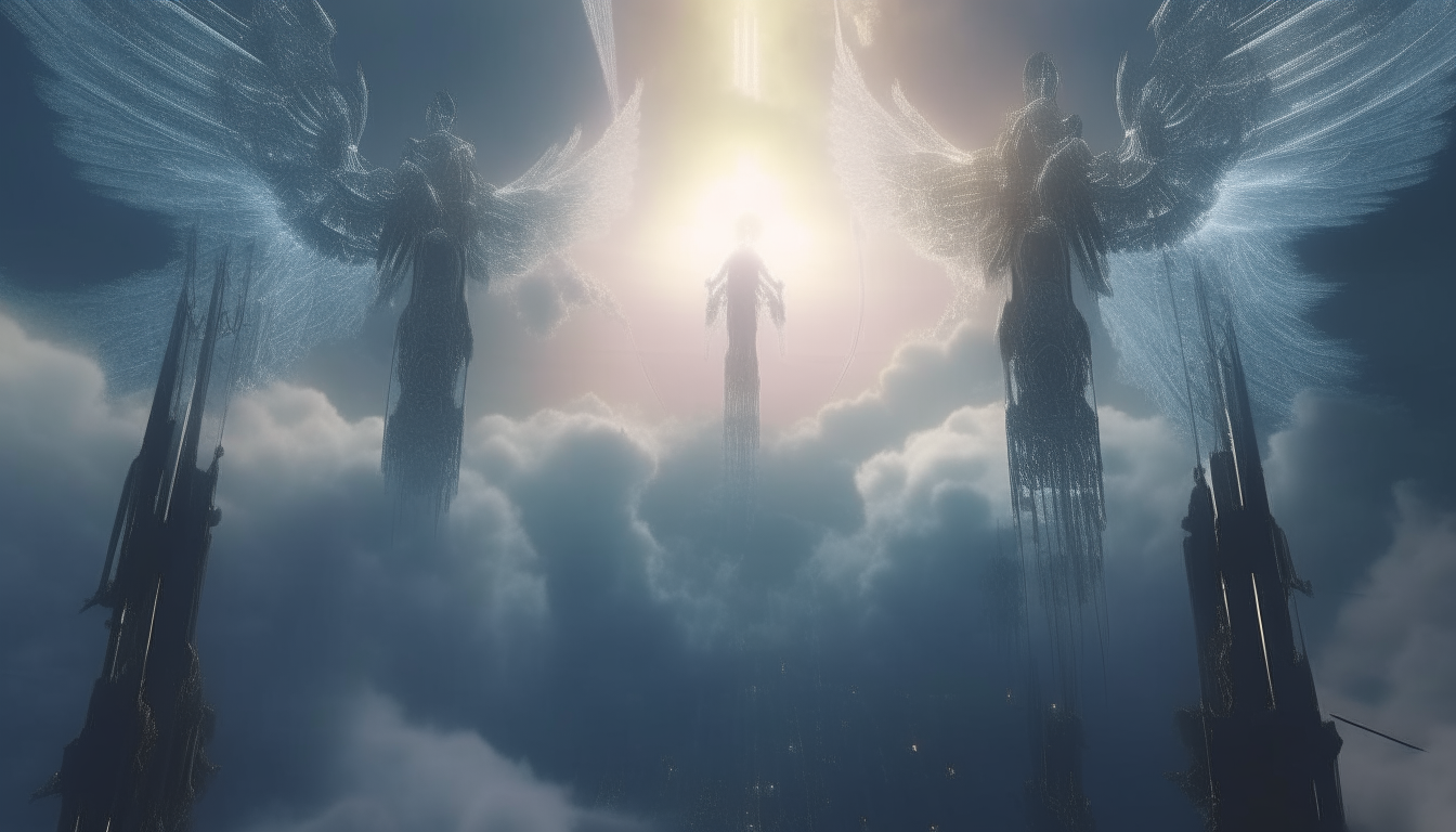 angels morphed with cyborgs flying down through heavenly clouds, on a spiraling descent towards the land below, heavenly lights shine upon them, super highest level of intricate details, 4K quality, dark sci-fi fantasy style