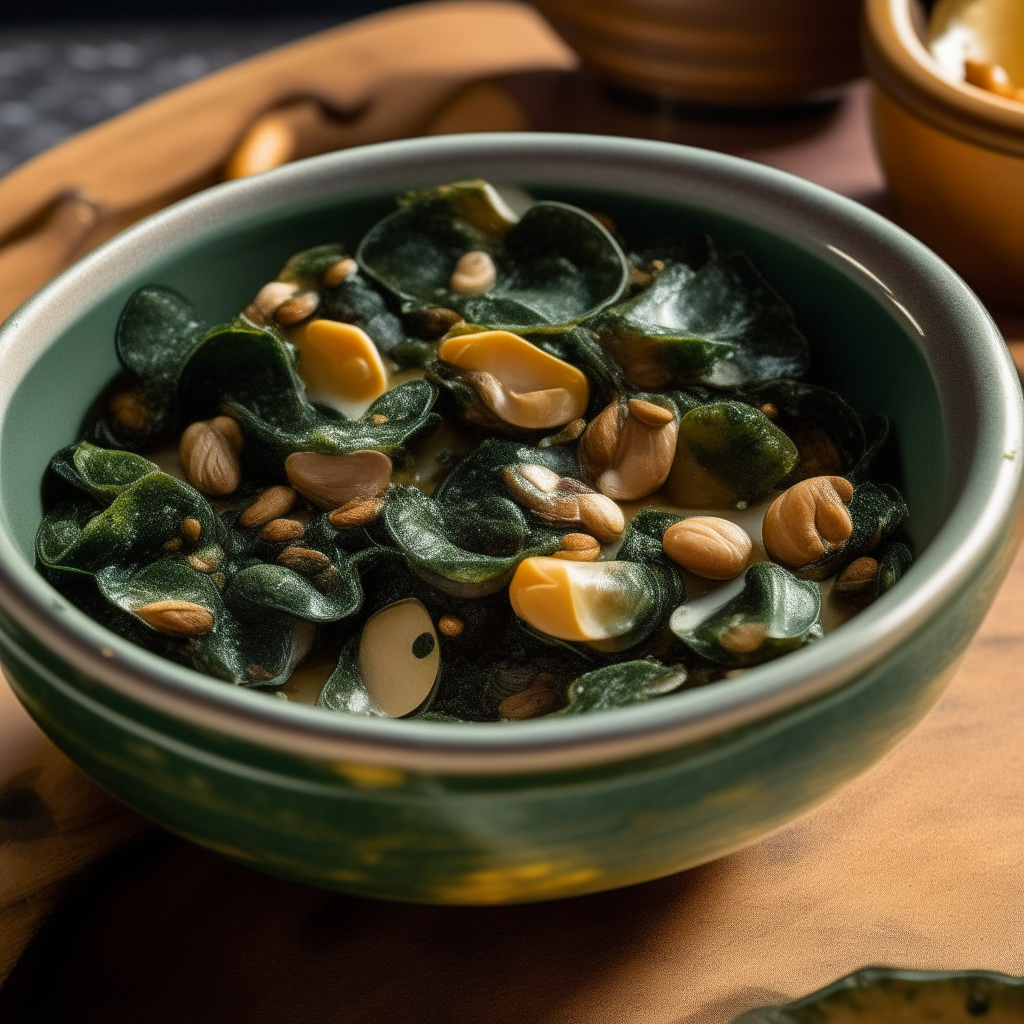 A close up photo looking down at a ceramic bowl filled with sauteed spinach, golden garlic, plump brown raisins and beige pine nuts, drizzled with green olive oil. The ingredients stand out against the backdrop of an authentic Catalan kitchen with patterned tiles.