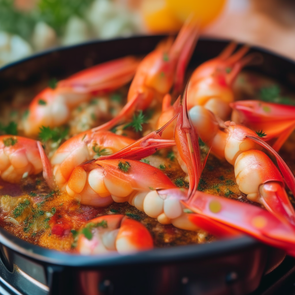 A close up photo of pink shrimp sizzling in a pan with olive oil, garlic, parsley and red pepper flakes. The ingredients stand out with their bright colors and textures against the backdrop of a seaside restaurant in Barcelona.