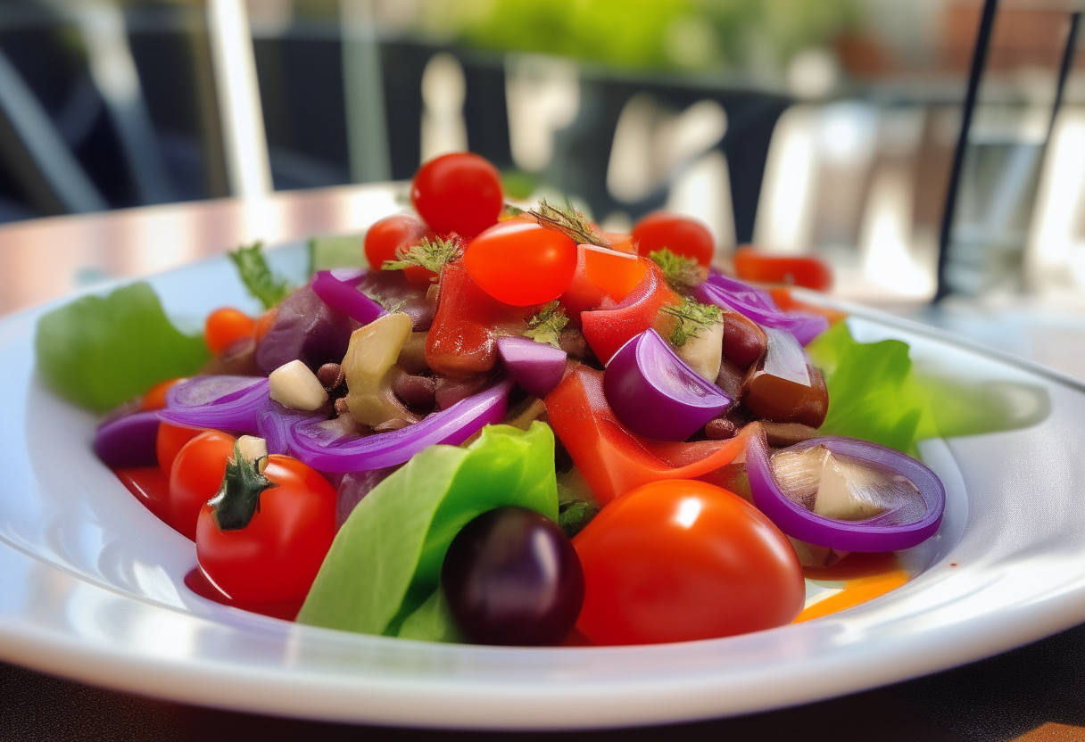 A close up photo of a salad made with ripe red tomatoes, purple red onion and green olives drizzled with olive oil on a white plate. The ingredients stand out against a sunny restaurant terrace background in Barcelona.