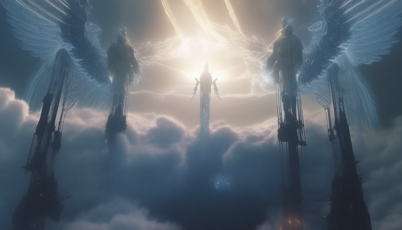 angels morphed with cyborgs flying down through heavenly clouds, on a spiraling descent towards the land below, heavenly lights shine upon them, super highest level of intricate details, 4K quality, dark sci-fi fantasy style