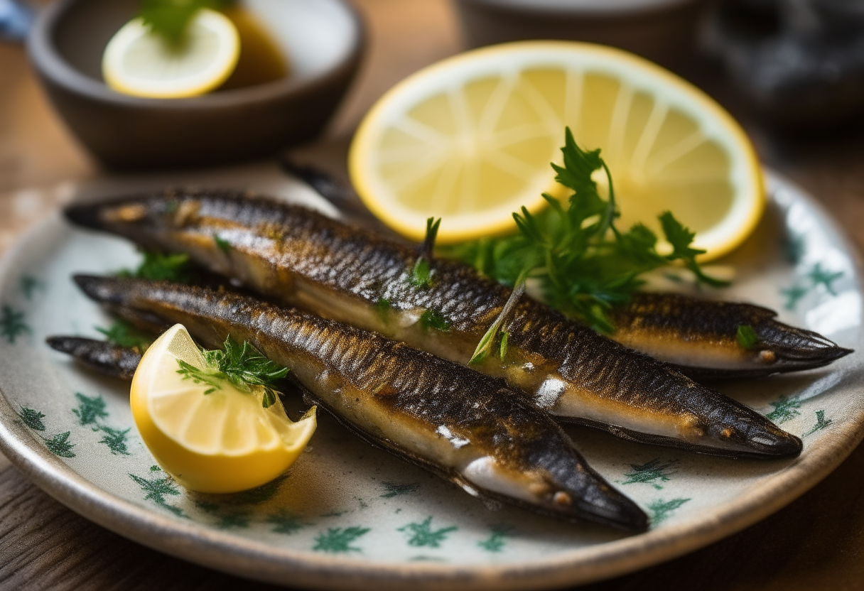 A close up photo of grilled sardines on a plate, with lemon wedges and chopped parsley. The sardines have crispy skin and the ingredients stand out against a rustic Barcelona street scene background.