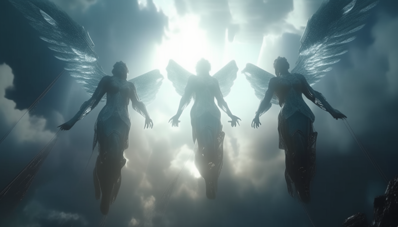heavenly angels morphing with cyborgs, descending through the clouds towards the surface below, heavenly light beams shine upon them, super highest level of details, 4K quality, dark sci-fi fantasy style